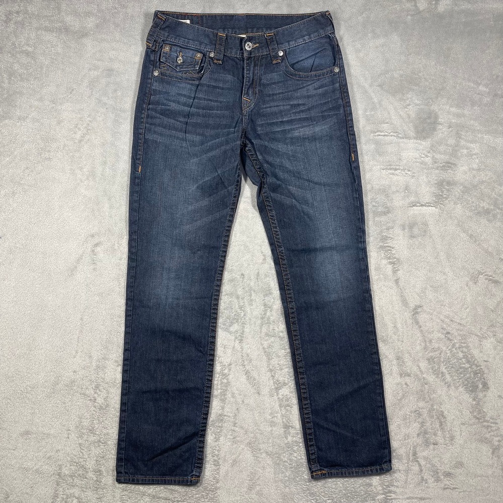 True Religion Geno Jeans Mens 32 Dark Wash Relaxed Slim Horseshoe Stitching